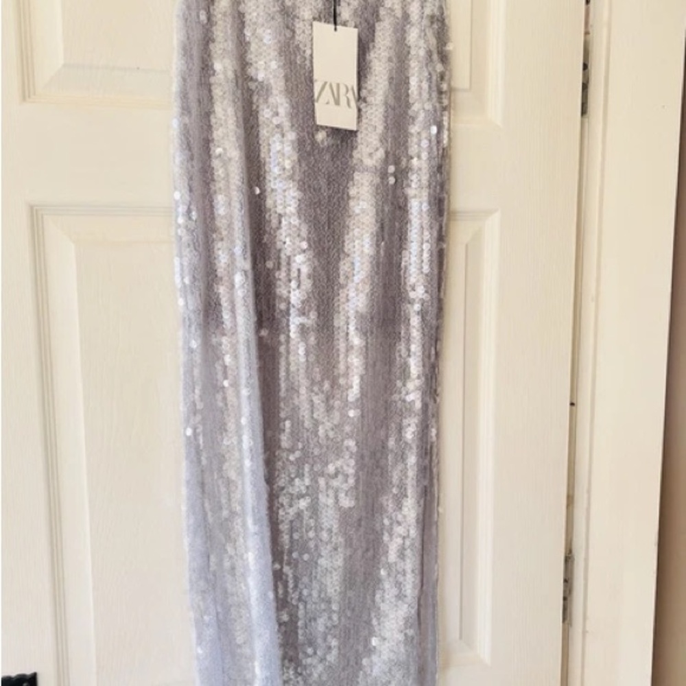 Zara Silver Sequin Midi Pencil Skirt